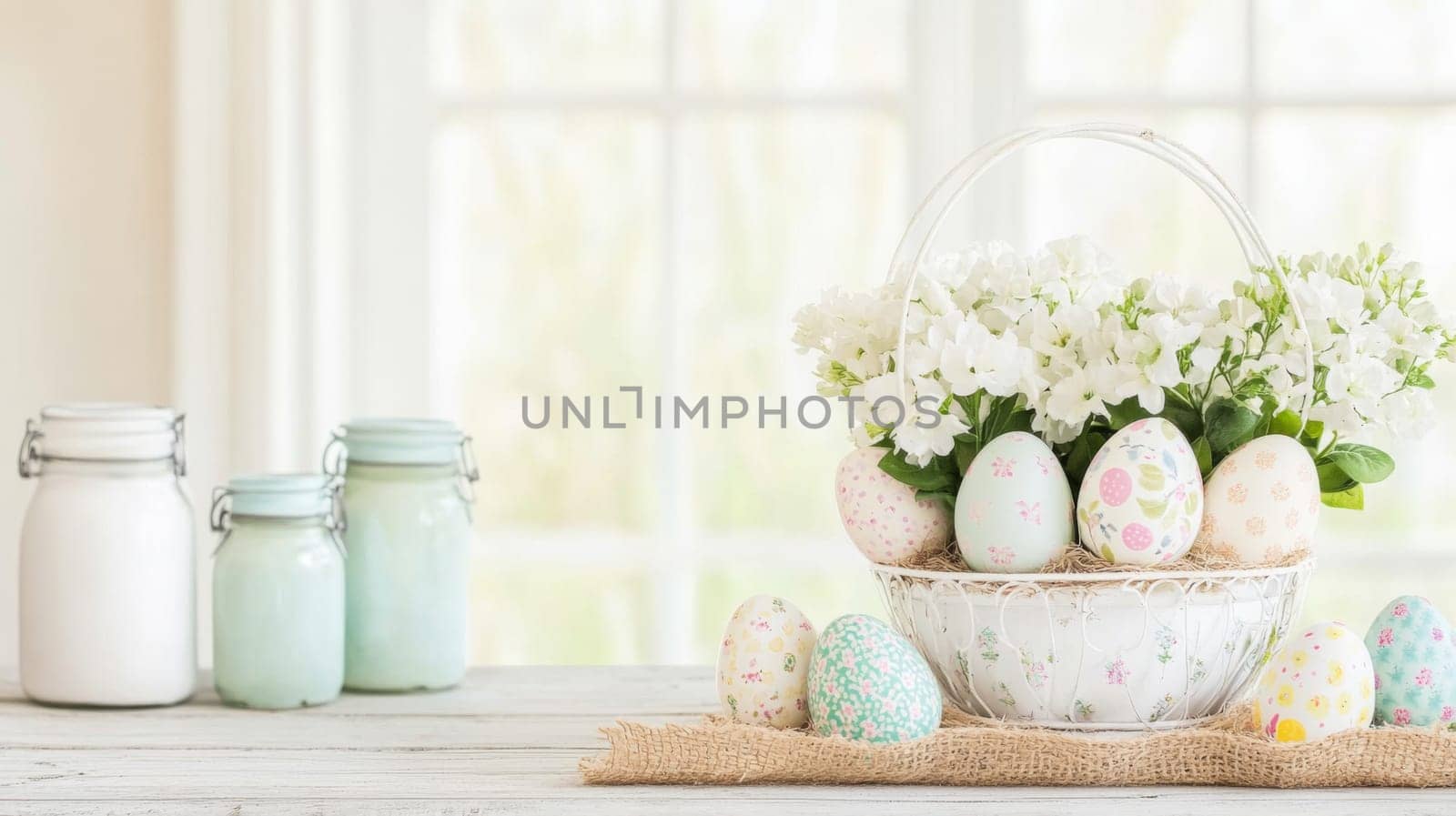 A delightful shabby chic kitchen showcases a stunning Easter centerpiece, complete with vintage decorations and a basket of pastel colored Easter eggs. Fresh flowers add a spring touch.