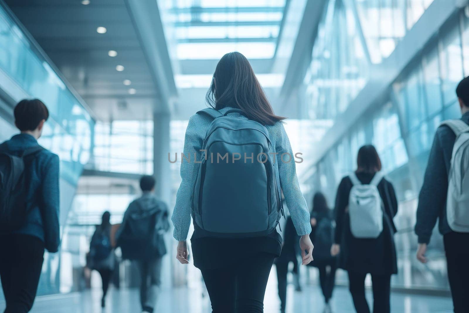 A group of travelers walk through a spacious airport terminal, showcasing contemporary architecture and large glass panels. The atmosphere is energetic as people navigate the busy surroundings.