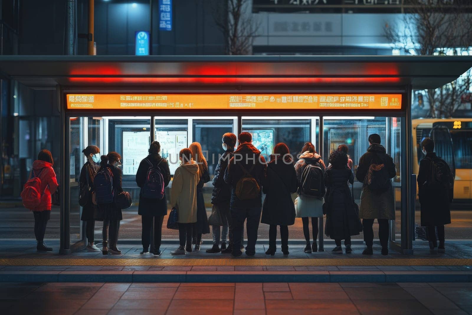 A group of individuals stands in line at a bus stop under bright orange lights in a bustling city at night. Many are wearing masks and engaged in their phones.