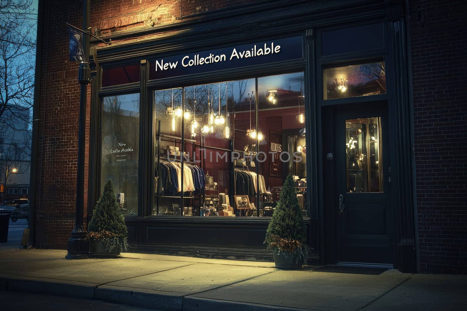 A boutique showcases its new collection with elegant clothing and accessories in a warmly lit storefront. The inviting atmosphere is enhanced by decorative lighting and cozy outdoor plants at dusk.