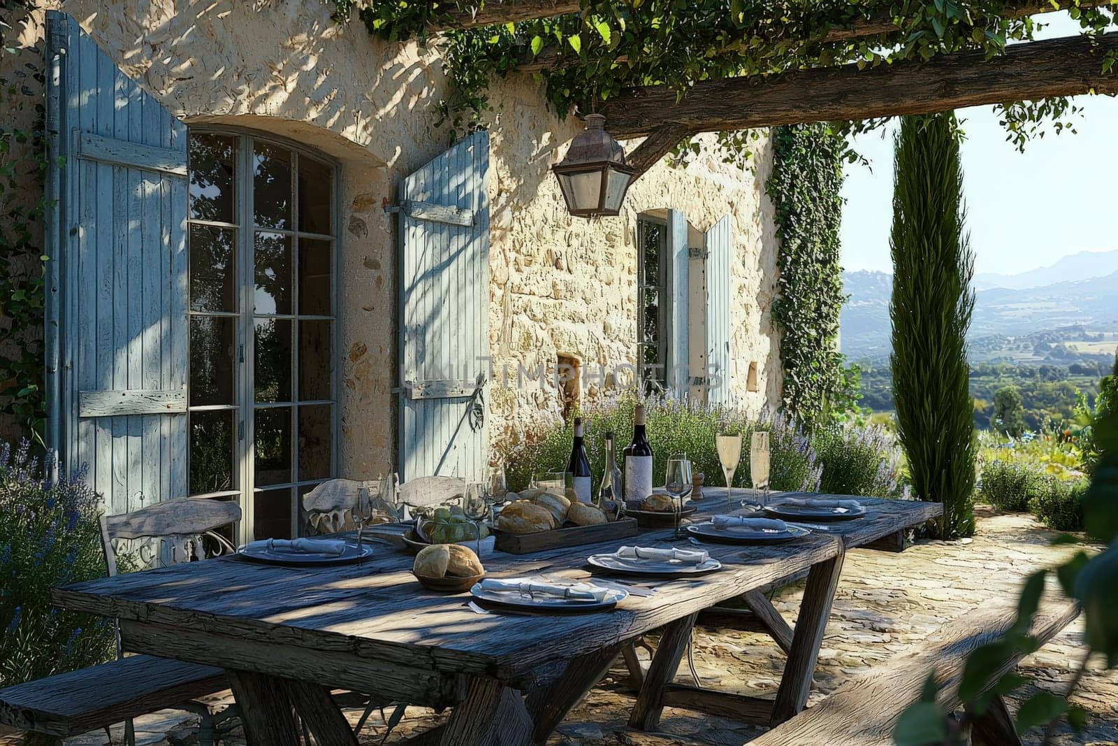 A charming outdoor dining area adorned with a rustic wooden table and elegant dishware. The scene features blue shutters, surrounding greenery, and a picturesque countryside view.
