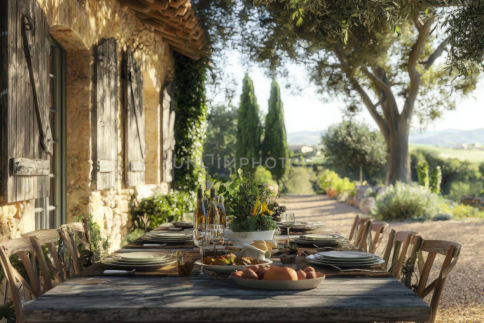 An inviting outdoor dining scene features a beautifully set table with plates and glasses under a tree. The charming rustic house enhances the serene countryside view, perfect for gatherings.