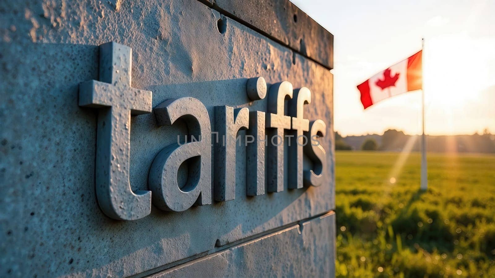 White cement word Tariffs standing on the green grass with the Canadian flag waving in the background..