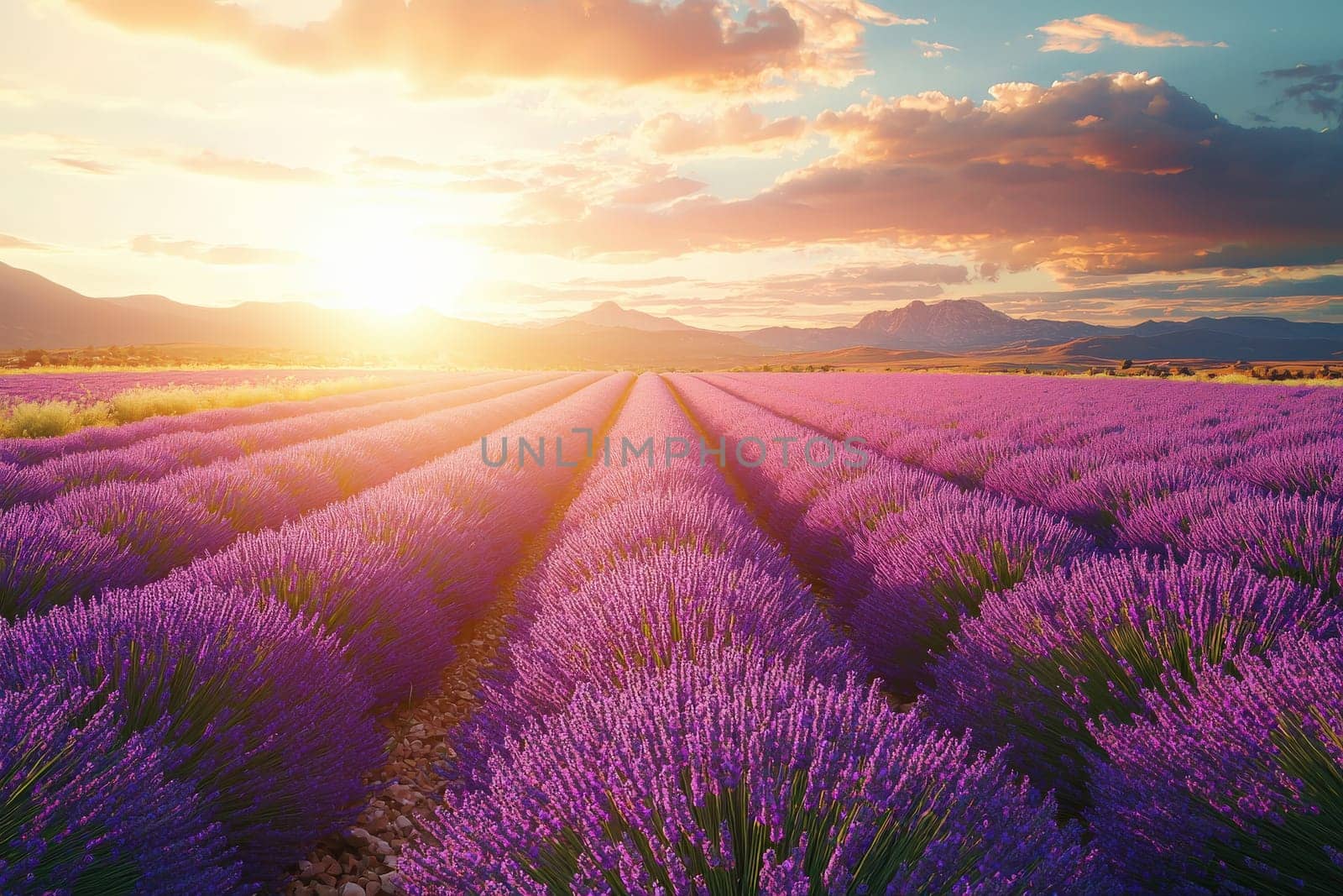 Fields of vibrant lavender stretch across the landscape under a stunning sunset. The golden light illuminates the flowers, creating a peaceful and serene ambiance as day turns to night.