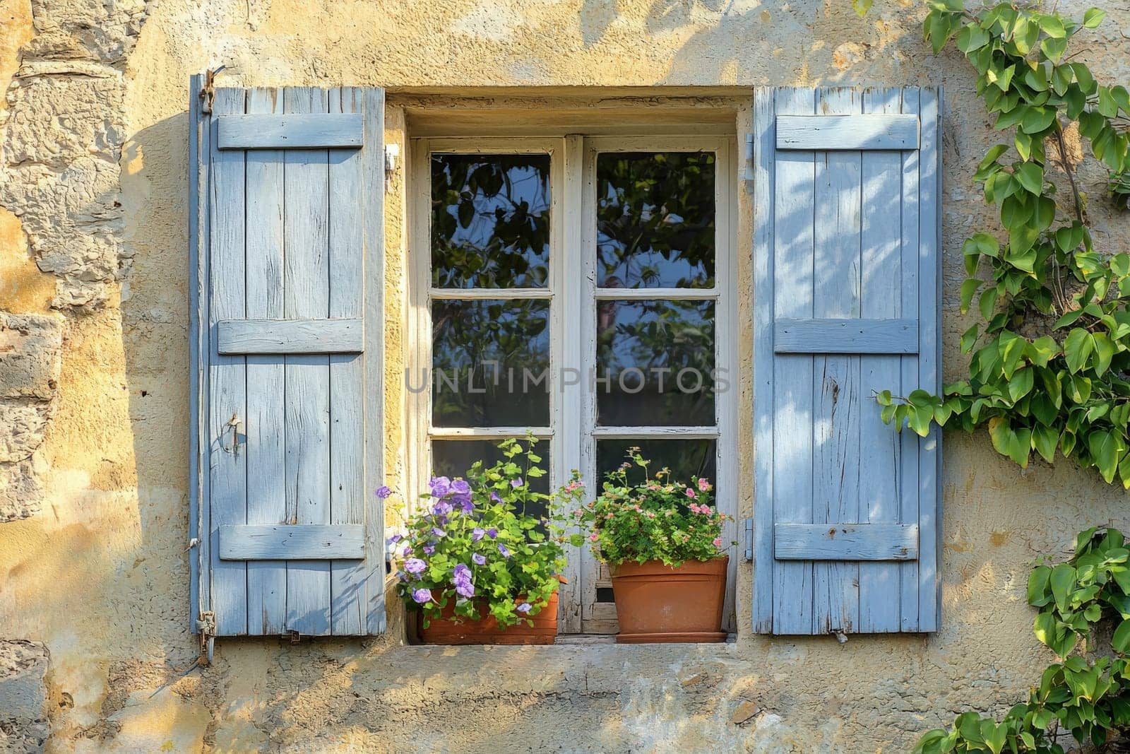 A rustic window with blue wooden shutters opens to reveal thriving potted flowers. The soft light enhances the charm of this serene garden space, evoking a peaceful ambiance.