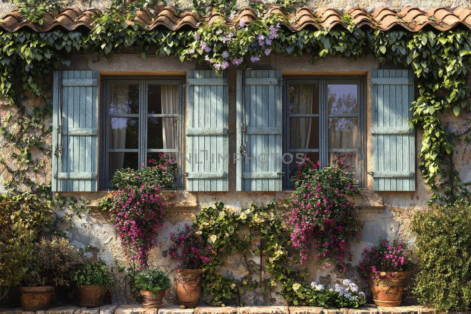 This peaceful garden features a rustic stone house adorned with blue shutters. Vibrant flowers spill from pots, adding color and life to the serene atmosphere, surrounded by lush greenery.