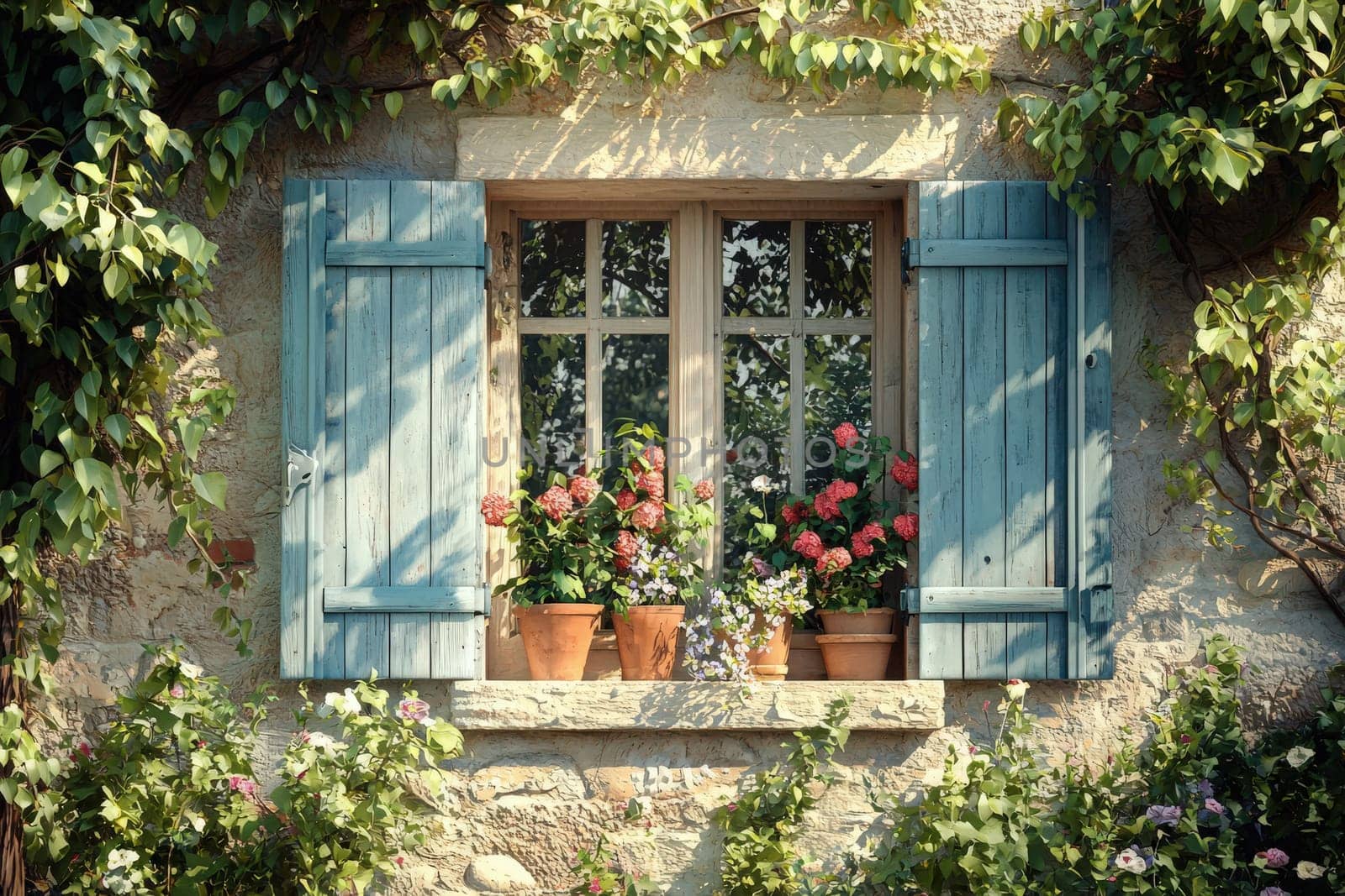 A serene window with light blue shutters is adorned with vibrant flowers in ceramic pots. The sun casts a warm glow, highlighting the lush greenery around the stone wall.