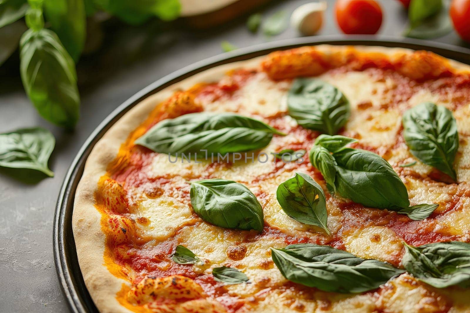 A margherita pizza is prepared with a thin crust, topped with tomato sauce, mozzarella cheese, and fresh basil leaves. Ingredients are artistically arranged, highlighting vibrant colors and textures.