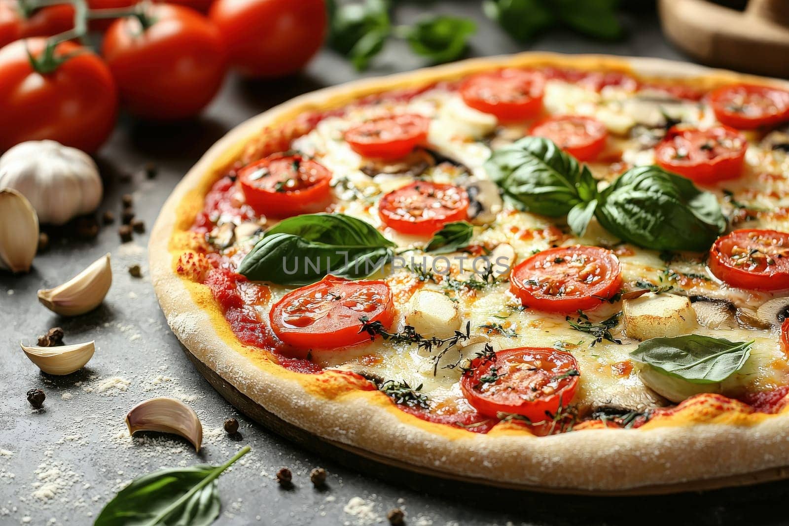 Freshly baked pizza is topped with vibrant tomato slices, creamy mozzarella, and aromatic basil leaves. The dish is artfully arranged with garlic and tomatoes nearby, showcasing colorful ingredients.