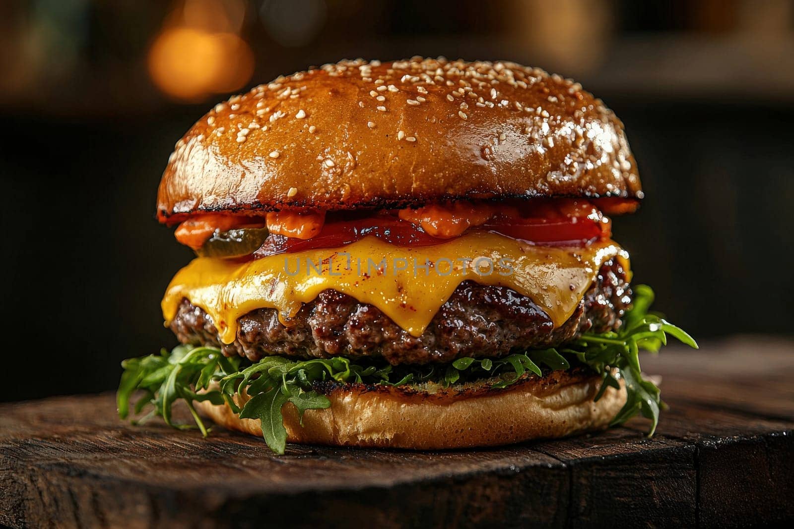 A perfectly grilled cheeseburger sits atop a rustic wooden surface. The burger features melted cheese, fresh lettuce, tomato, and grilled onions, enticing with its vibrant colors and textures.