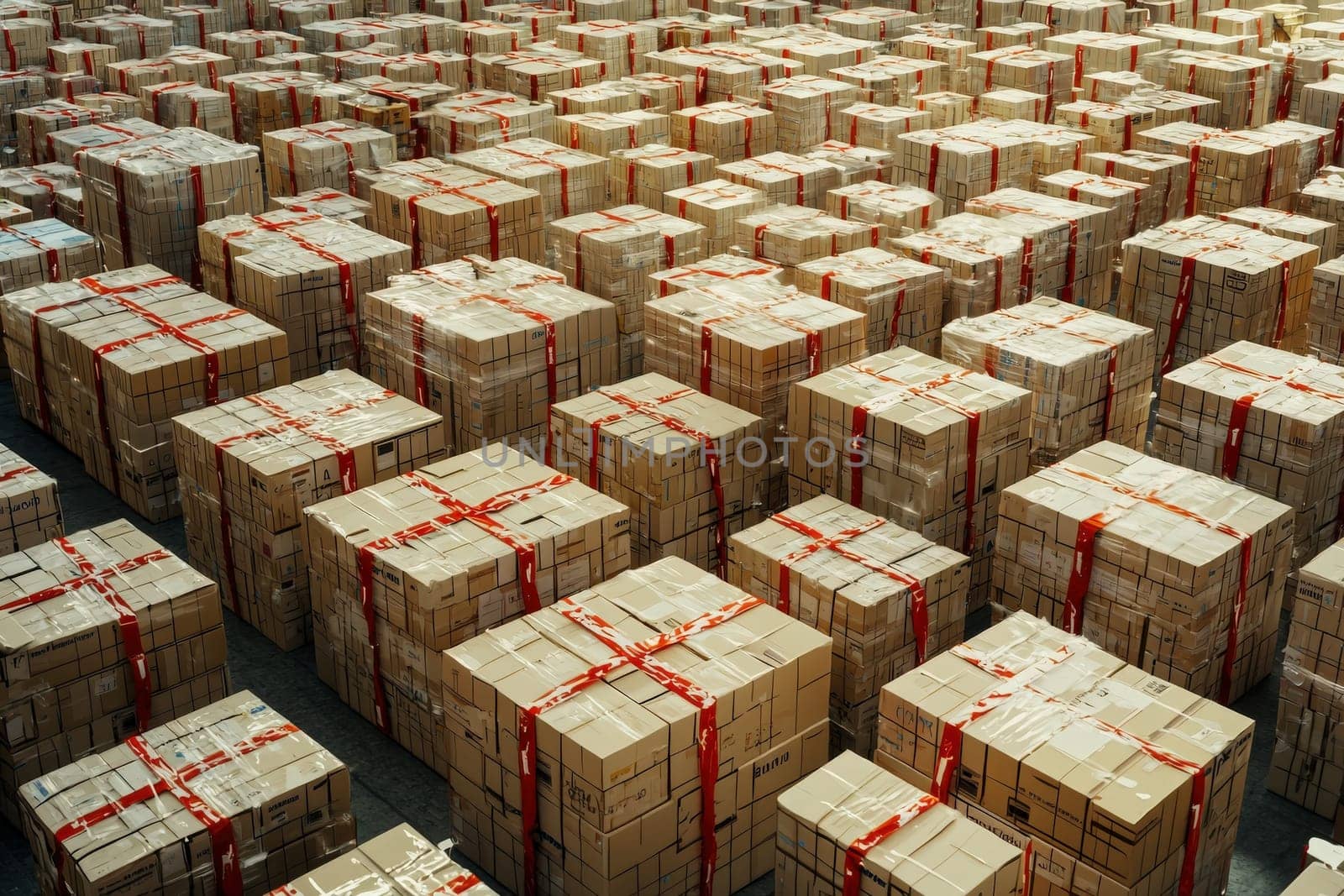 Numerous cardboard boxes are arranged methodically in a spacious warehouse, each secured with red straps. The setting suggests a busy shipping hub, filled with merchandise ready for distribution.
