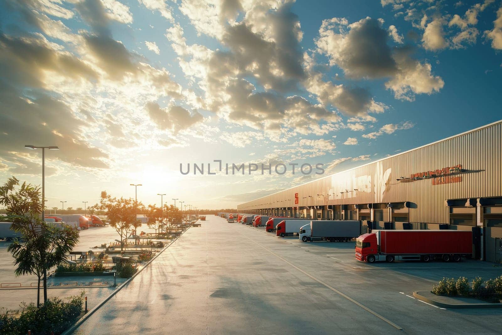 Numerous trucks are parked neatly at loading docks, ready for freight transport under a vibrant sunset. The sky showcases dynamic clouds as the day transitions to evening.