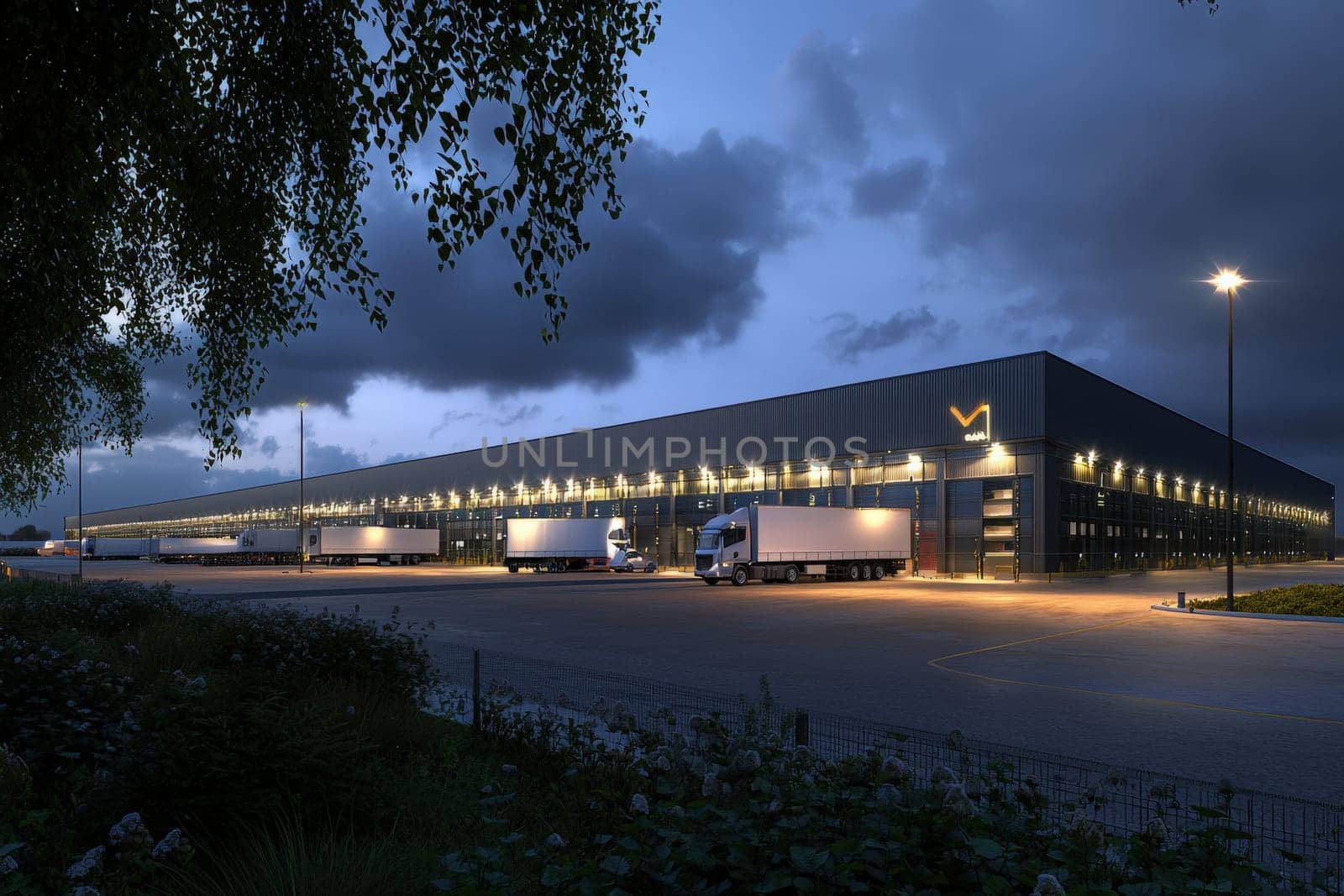 A large warehouse is illuminated under a dusky sky. Several trucks are parked outside, showcasing the facilitys logistics and transport capabilities during the early evening.