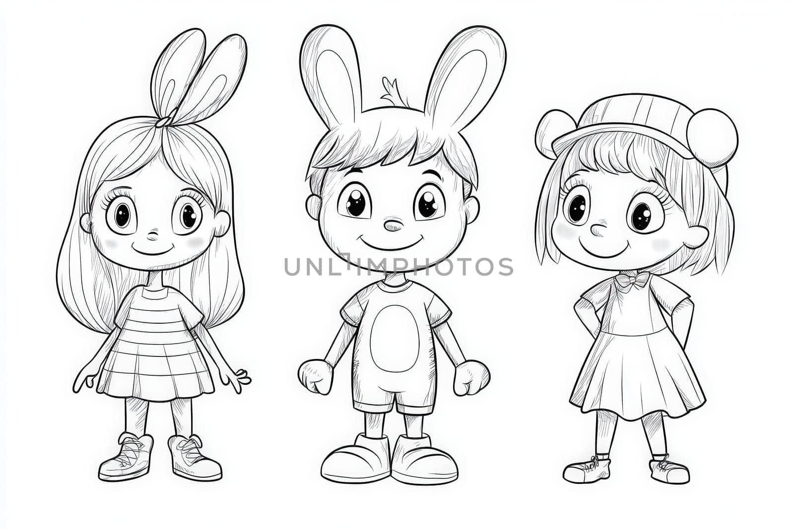Three cartoon characters stand together, each wearing unique outfits and accessories. The boy in the center has bunny ears and a cheerful expression.