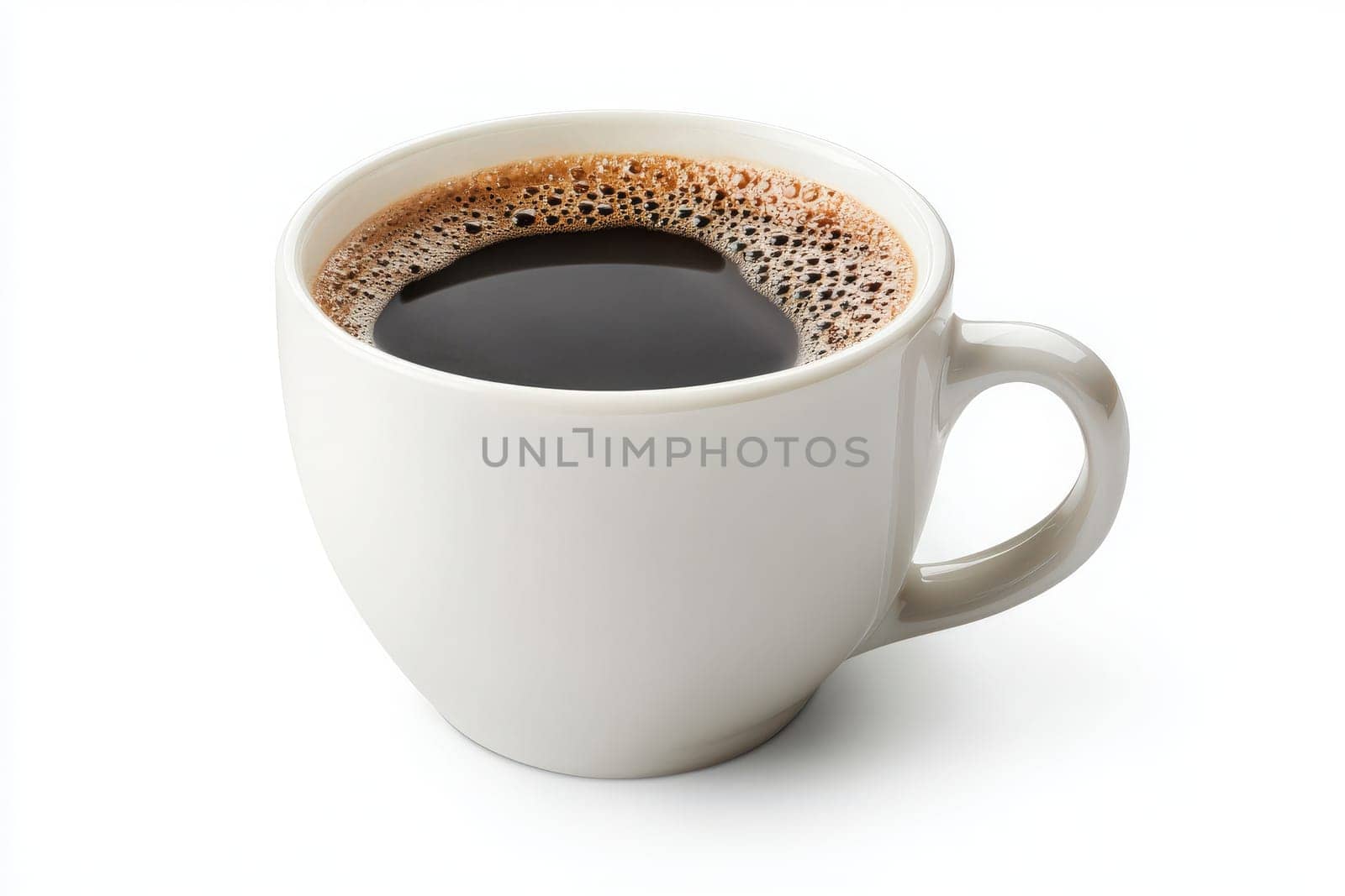 The black coffee in a white cup displays a rich, dark surface with a frothy layer. This inviting beverage is ideal for starting the day or enjoying a mid-afternoon break.