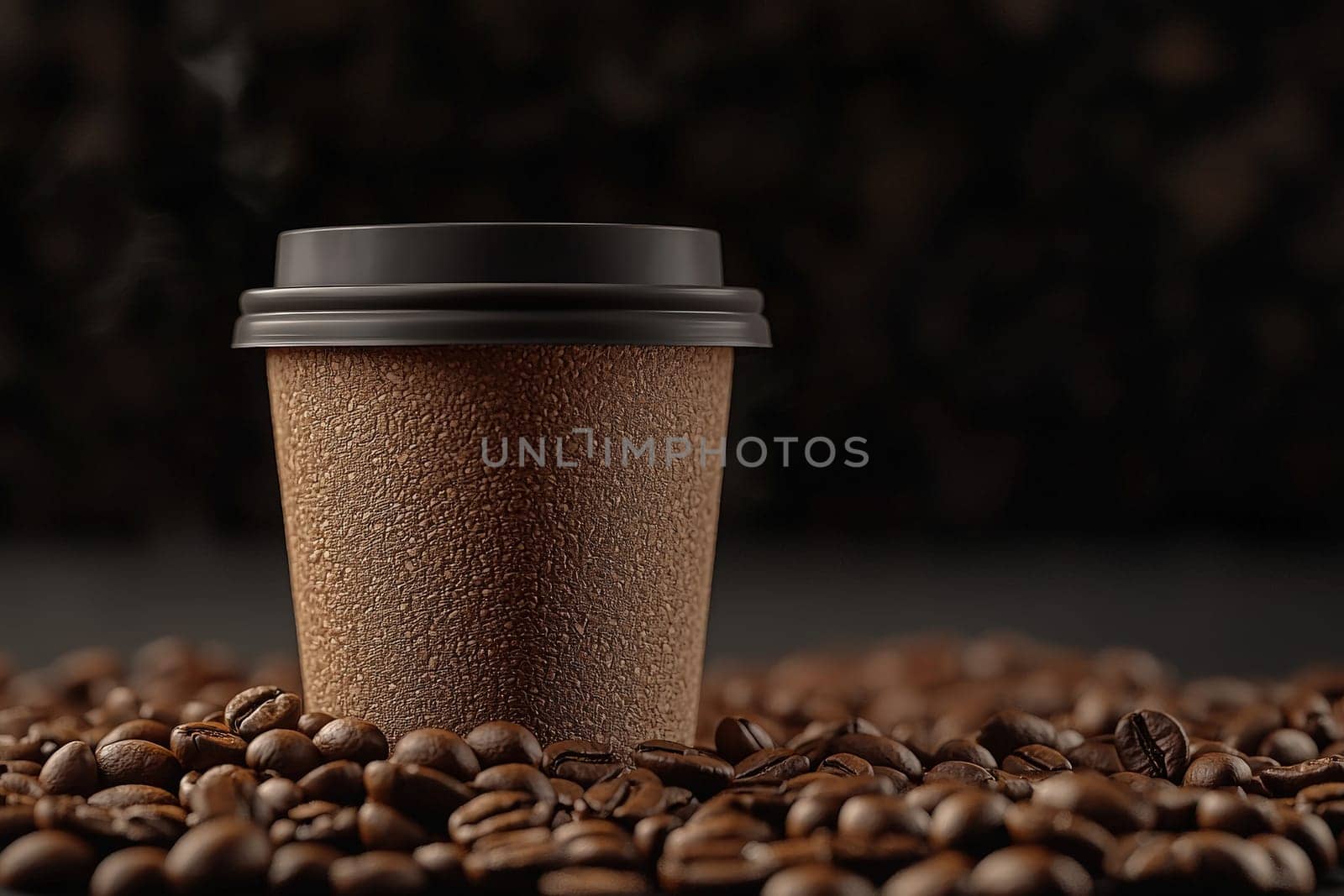A textured coffee cup sits at the center of a spread of roasted coffee beans. The warm tones create an inviting atmosphere, suggesting a moment of enjoyment and relaxation.