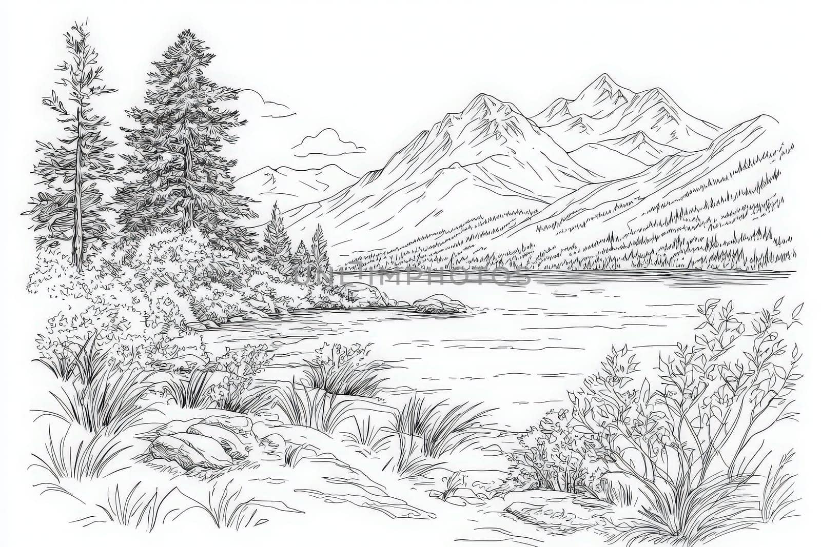 This beautiful landscape features a serene lake reflecting majestic mountains and lush trees. The scene captures natures tranquility, perfect for relaxation and inspiration.
