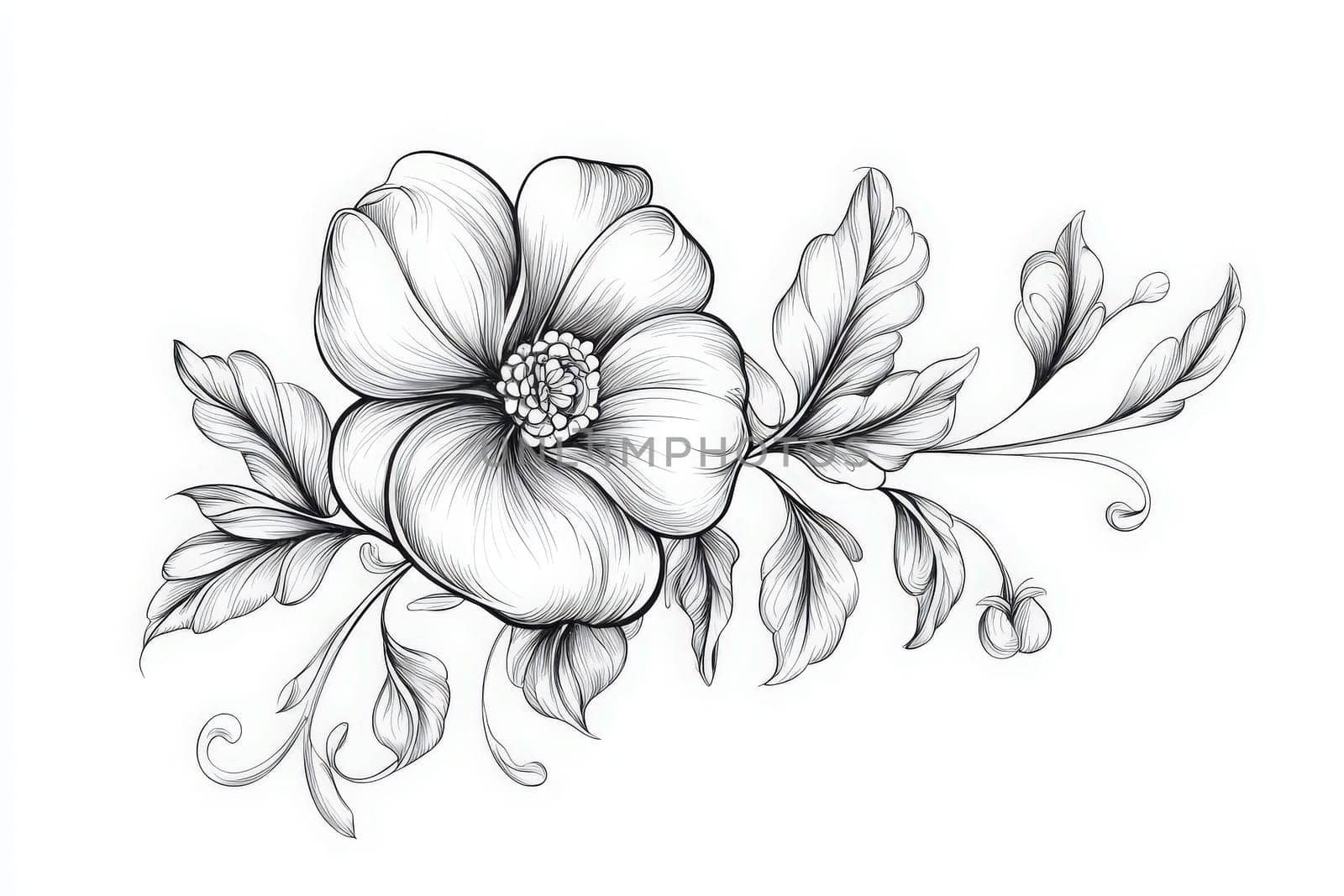 Intricate black and white illustration showcases a prominent floral design with a large flower and elegant leaves. Ideal for nature-inspired artwork, prints, and decor.