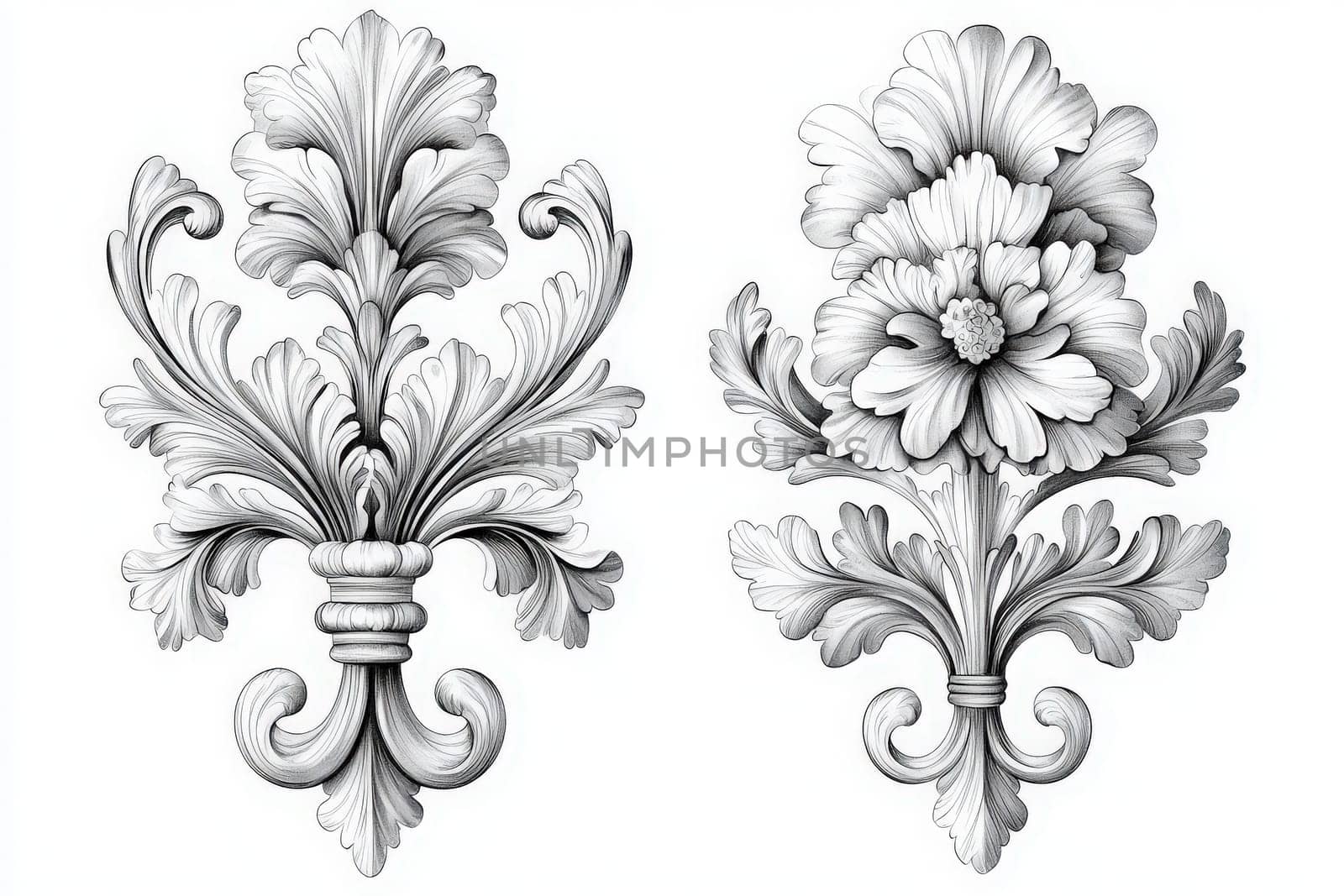 Two ornate designs feature delicate floral and leaf motifs rendered in black and white. The intricate patterns display graceful curves and elaborate textures, exemplifying ornate craftsmanship.