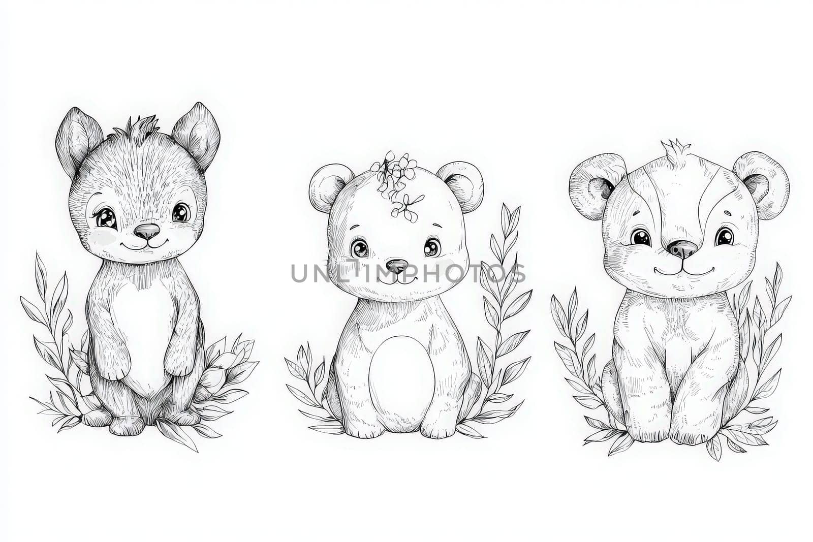 Three adorable animal characters are displayed, each with unique features and expressions. They are surrounded by leaves, perfect for childrens illustrations or crafts.