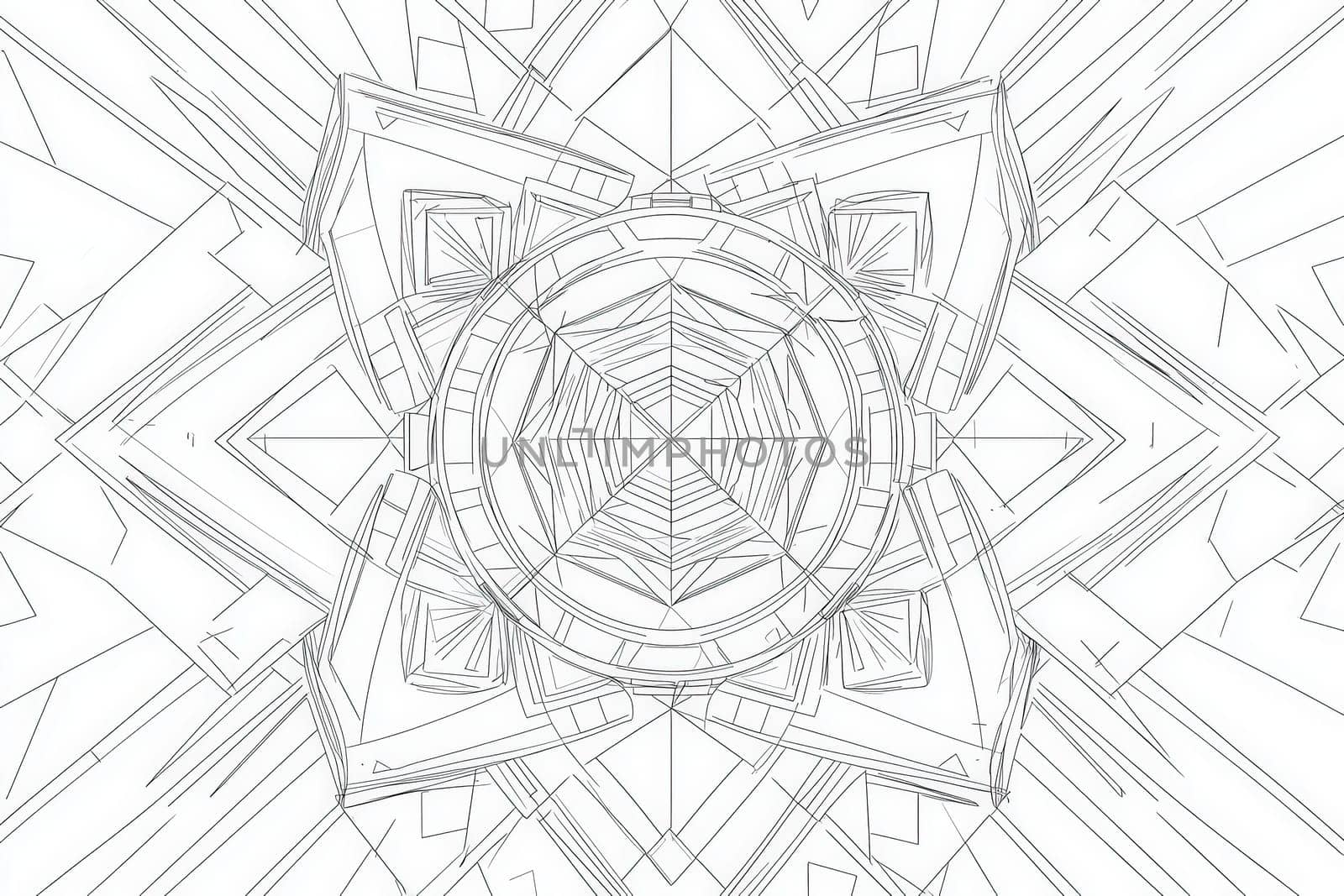 Complex geometric shapes intertwine to form a captivating, symmetrical design. This artwork features sharp lines and circular motifs, highlighting the blend of precision and creativity.