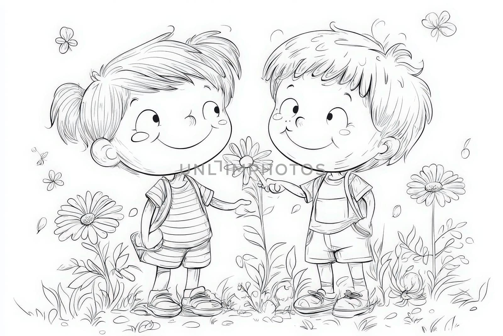 Two young children happily interact while standing in a garden blooming with flowers. They are smiling and sharing the moment, surrounded by greenery and nature.