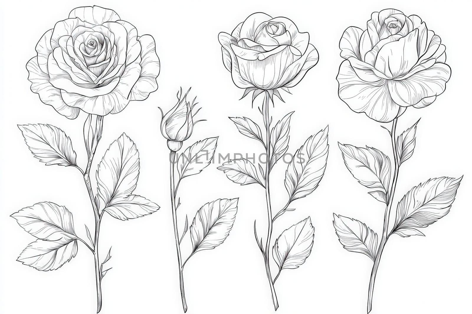 Four intricately detailed roses are depicted in a line drawing style, showcasing different stages of bloom. Each flower is accompanied by delicate leaves, highlighting natures beauty.
