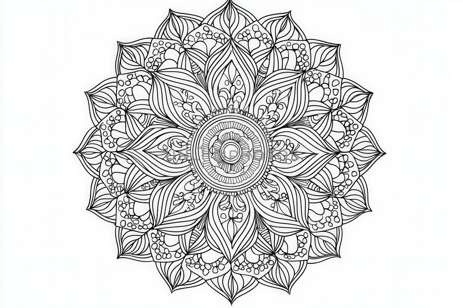 A detailed mandala design showcases layers of floral patterns and symmetry. The black and white illustration invites creativity and relaxation through coloring or art projects.