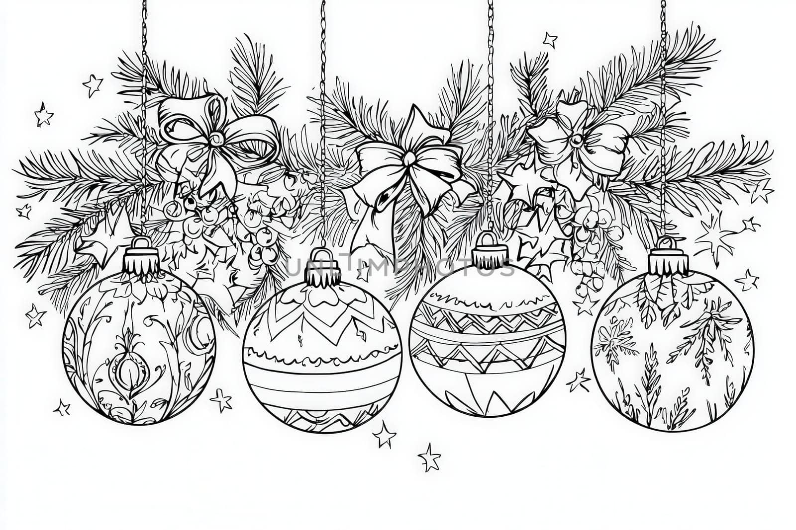 Four intricately designed Christmas ornaments dangle from a pine branch adorned with bows and holly. Stars fill the background, adding to the festive atmosphere.