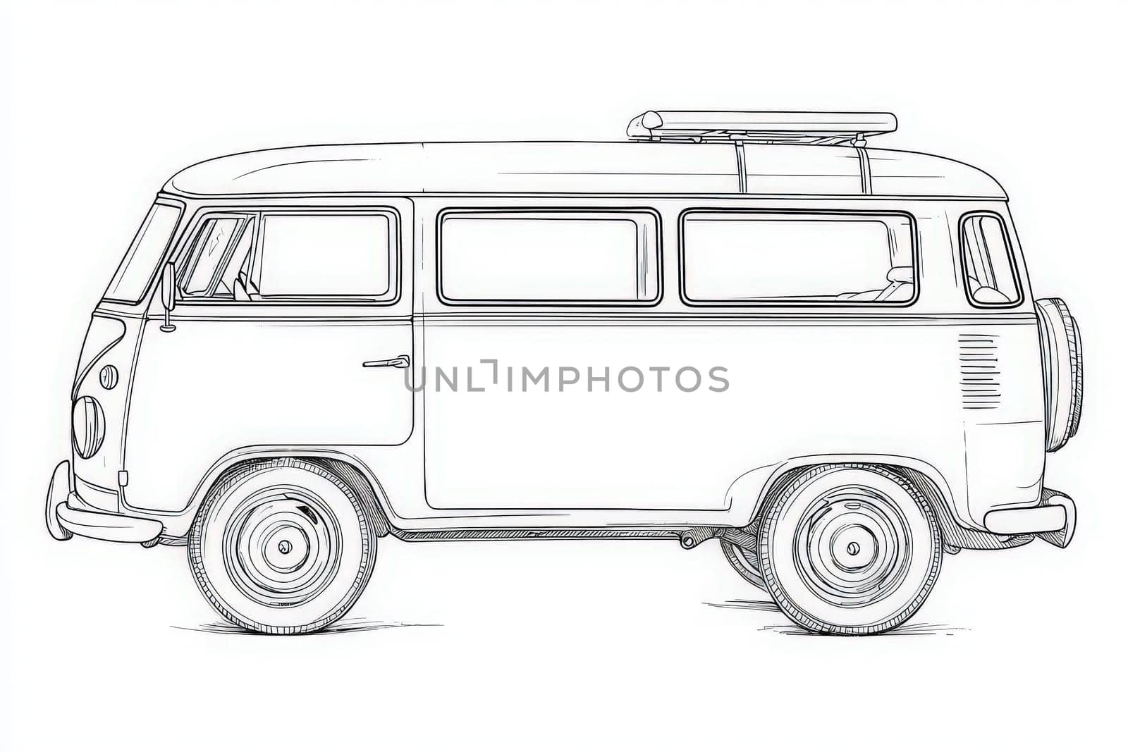A vintage van is depicted in a side view, showcasing intricate line art details. The vehicle features a surfboard rack, emphasizing a sense of adventure and travel.