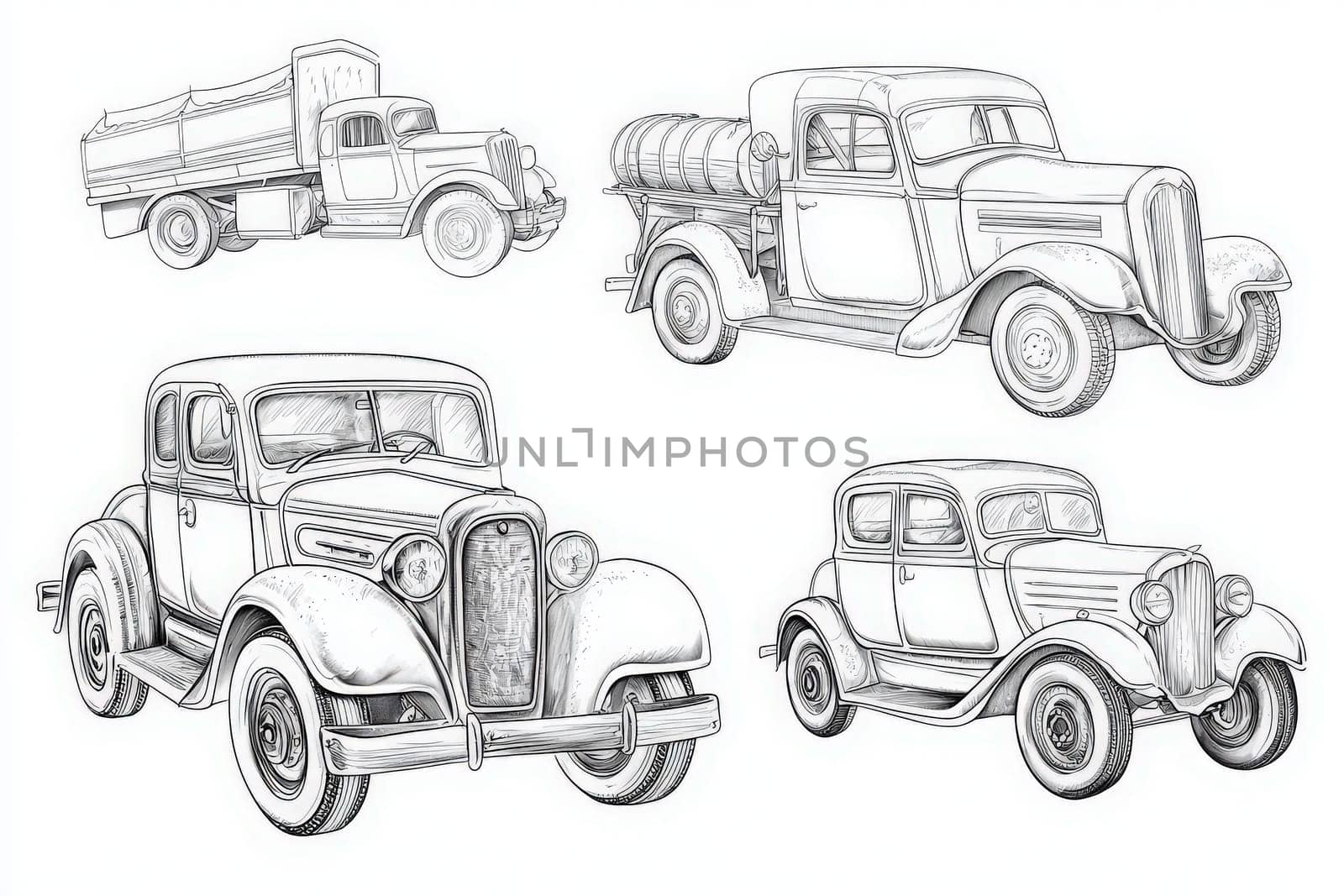 Four vintage vehicles are depicted in detailed sketches, highlighting their unique features and classic styles.