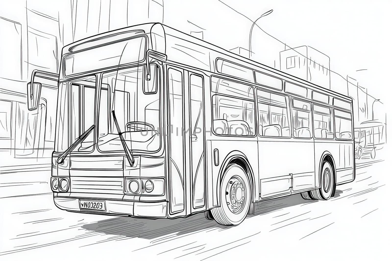 A city bus is making its way down a bustling street filled with buildings and activity. The bus features distinct windows and wheels, showcasing urban life.