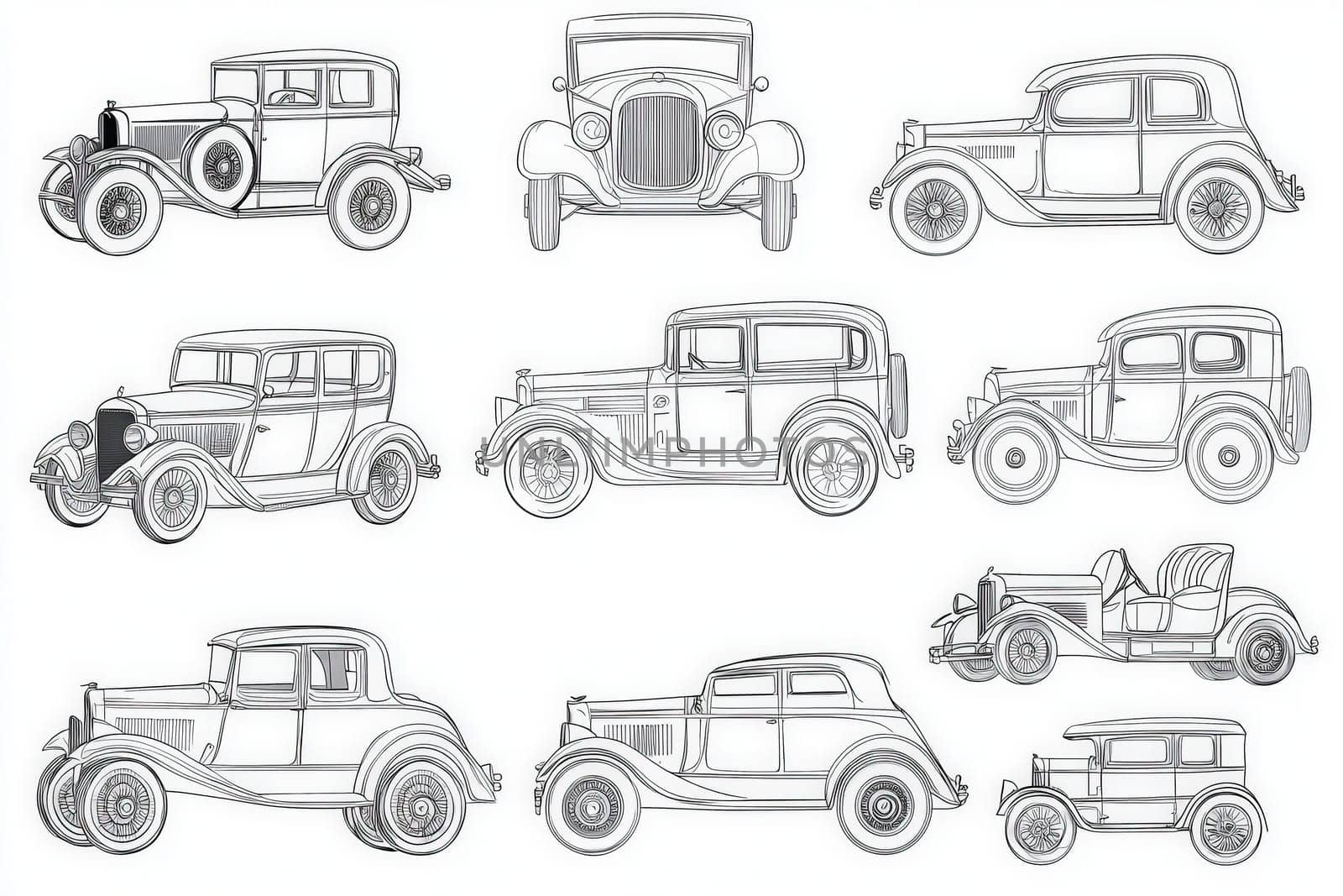 Detailed sketches of vintage cars illustrate various classic designs from the early 20th century. The artwork captures the unique characteristics and charm of these historic vehicles.