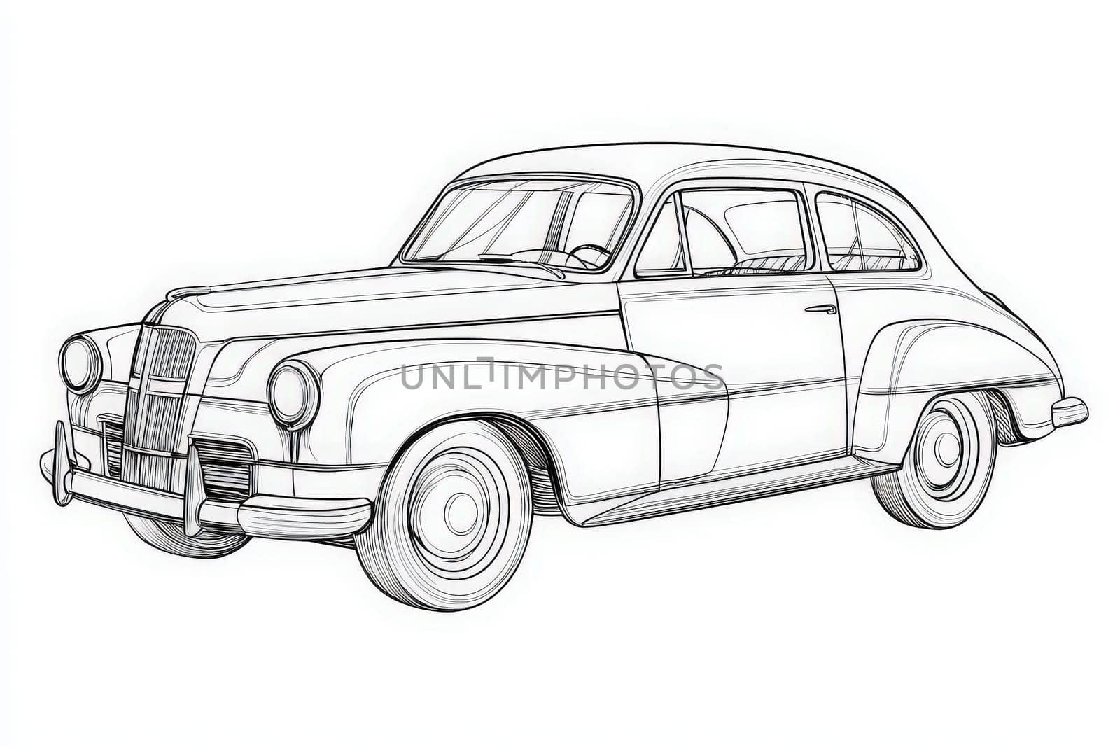 A detailed sketch of a vintage car from the 1940s, featuring elegant curves, round headlights, and a sleek body. The design captures the essence of classic automotive styling popular during that era.