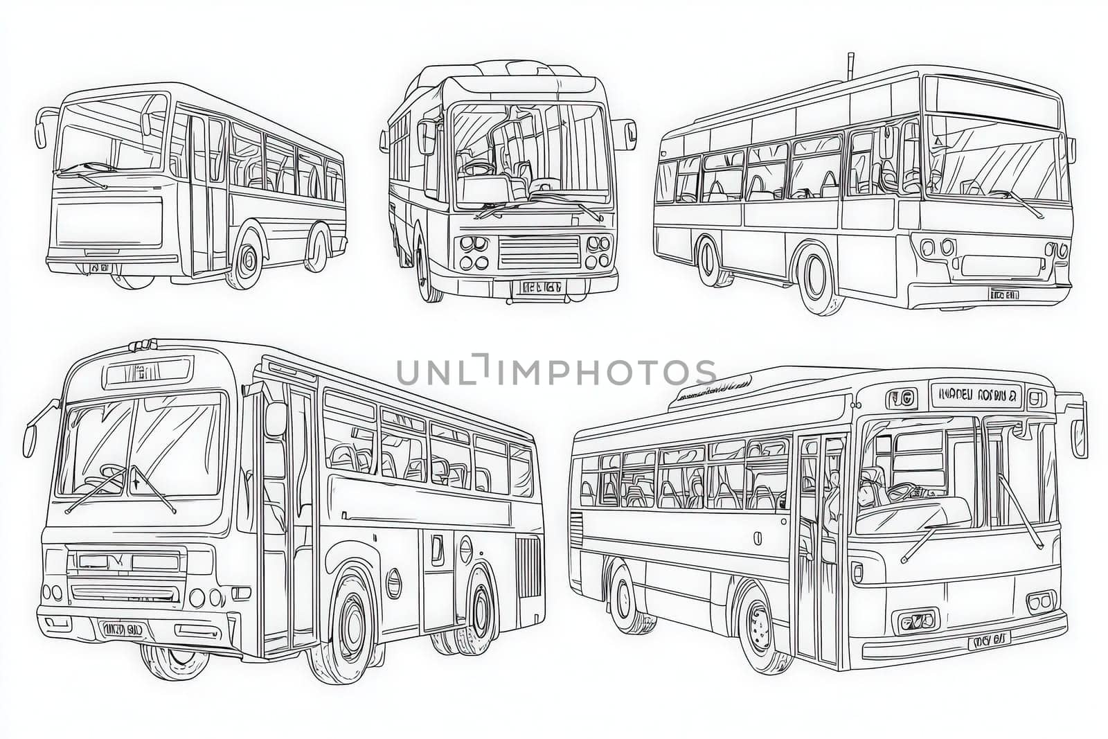 Line drawings of six distinct vintage buses showcase various designs and features. Each bus highlights classic styling, capturing the essence of public transportation history.