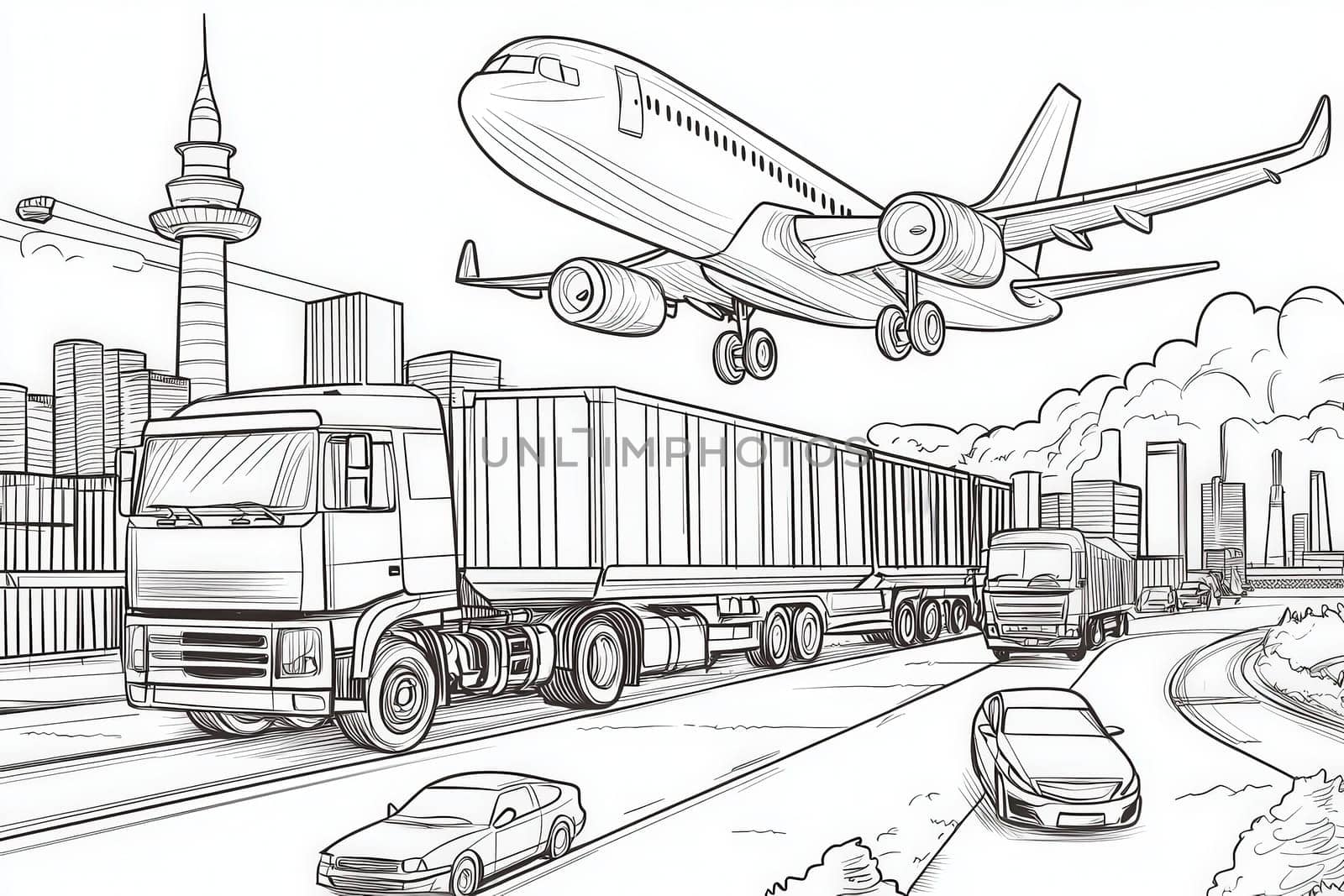 Large trucks transport shipping containers in a bustling city environment, while an airplane flies overhead. The skyline features modern buildings and a communication tower, creating a dynamic scene.