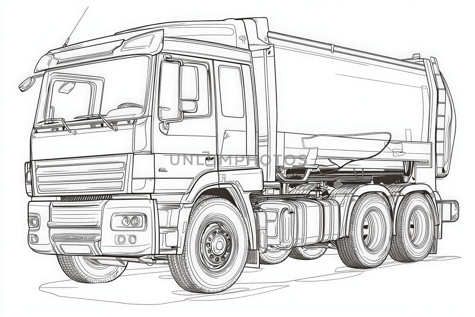 A line drawing of a garbage truck highlights its robust structure and features. The design captures the trucks large tires, cab, and rear-loading mechanism, emphasizing its utility.