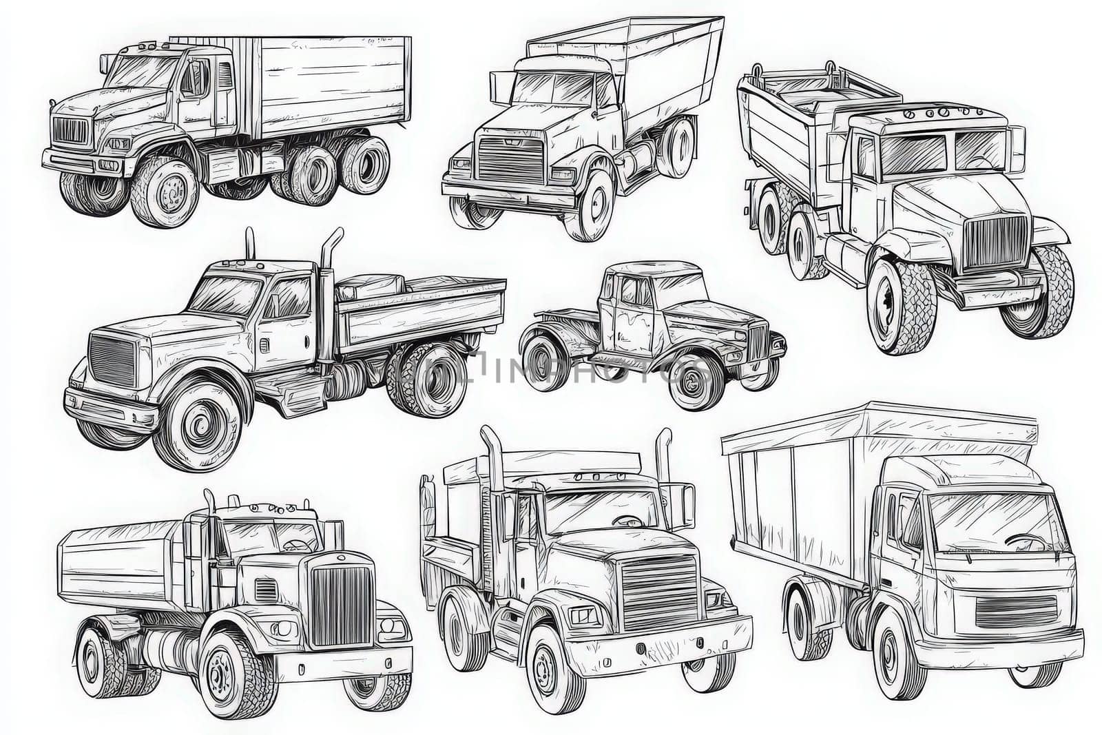 This collection showcases a variety of trucks, including dump trucks, flatbeds, and haulers. Each vehicle is intricately drawn, highlighting their unique features and designs.