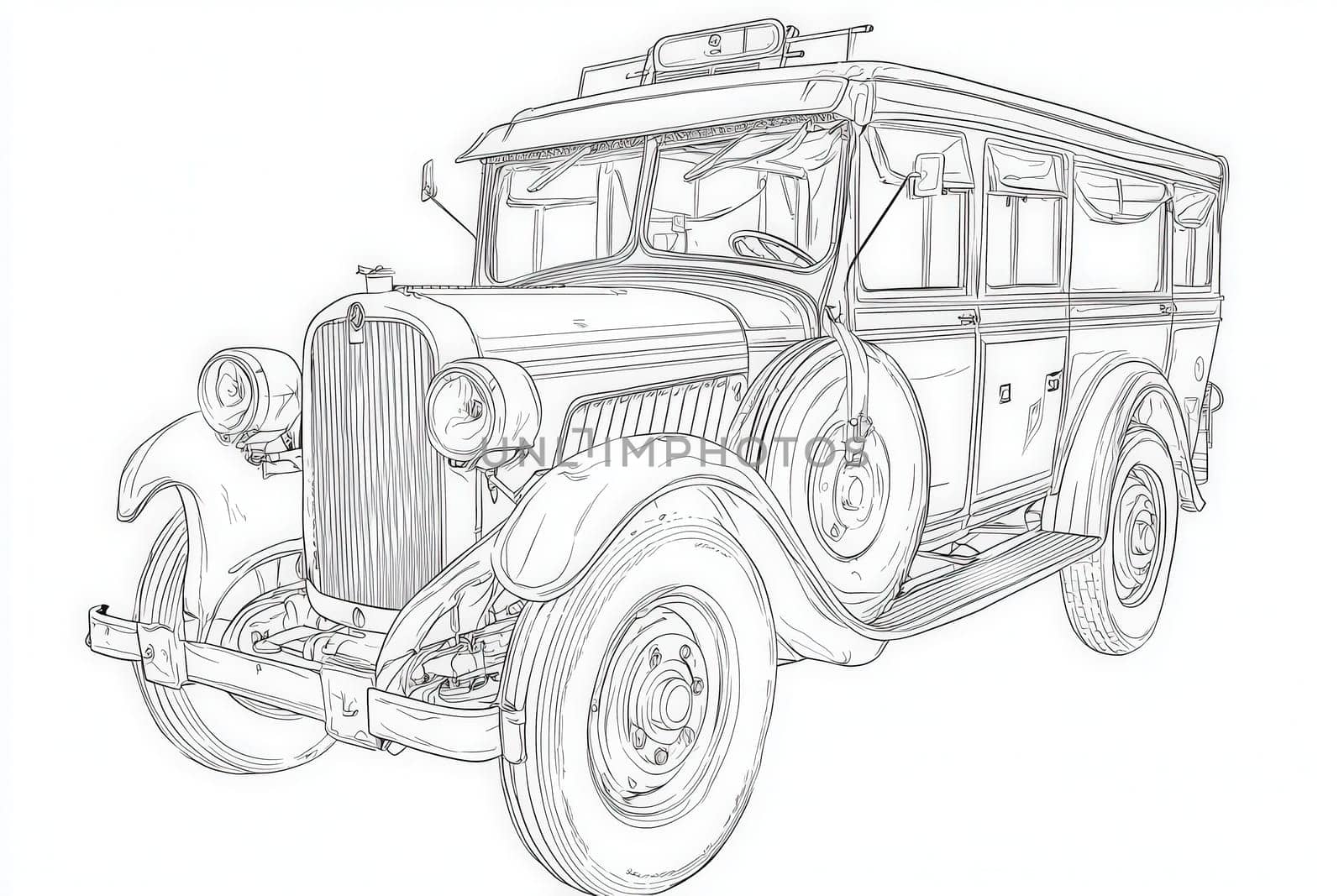 This artwork depicts a vintage car from the 1930s, showcasing its unique body style and intricate detailing. The vehicle is presented in a line-art style, emphasizing its classic features.