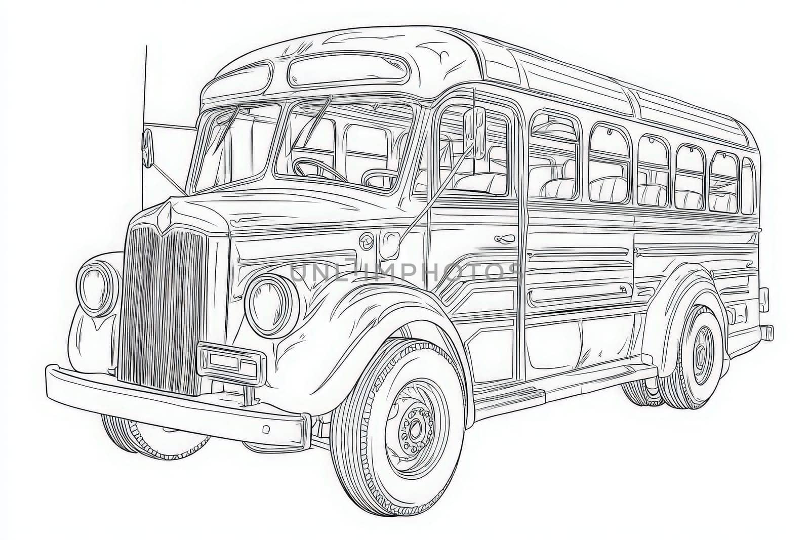 This artwork features a vintage bus, characterized by its distinct front grille, large windows, and retro styling. The bus is parked, highlighting its unique features and design elements.