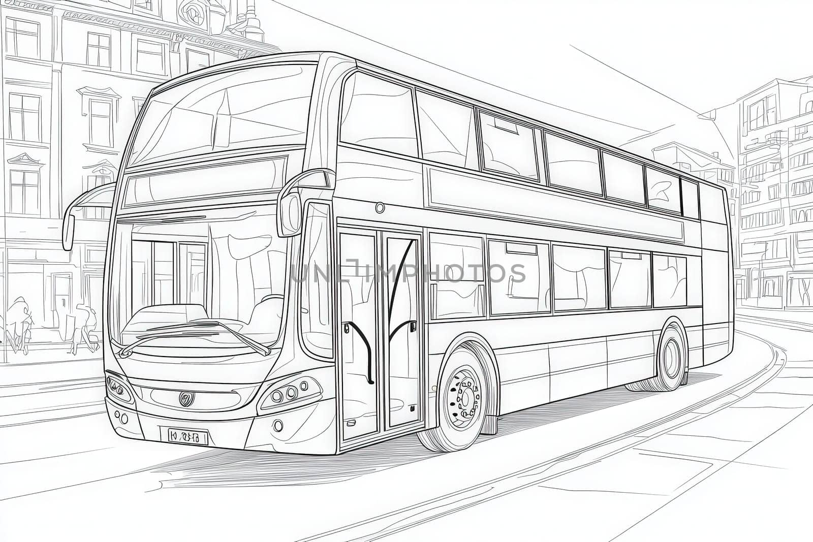 A double decker bus is positioned on a busy city street. Passengers are standing nearby, waiting to board. Buildings line the street, indicating an urban environment and public transport activity.