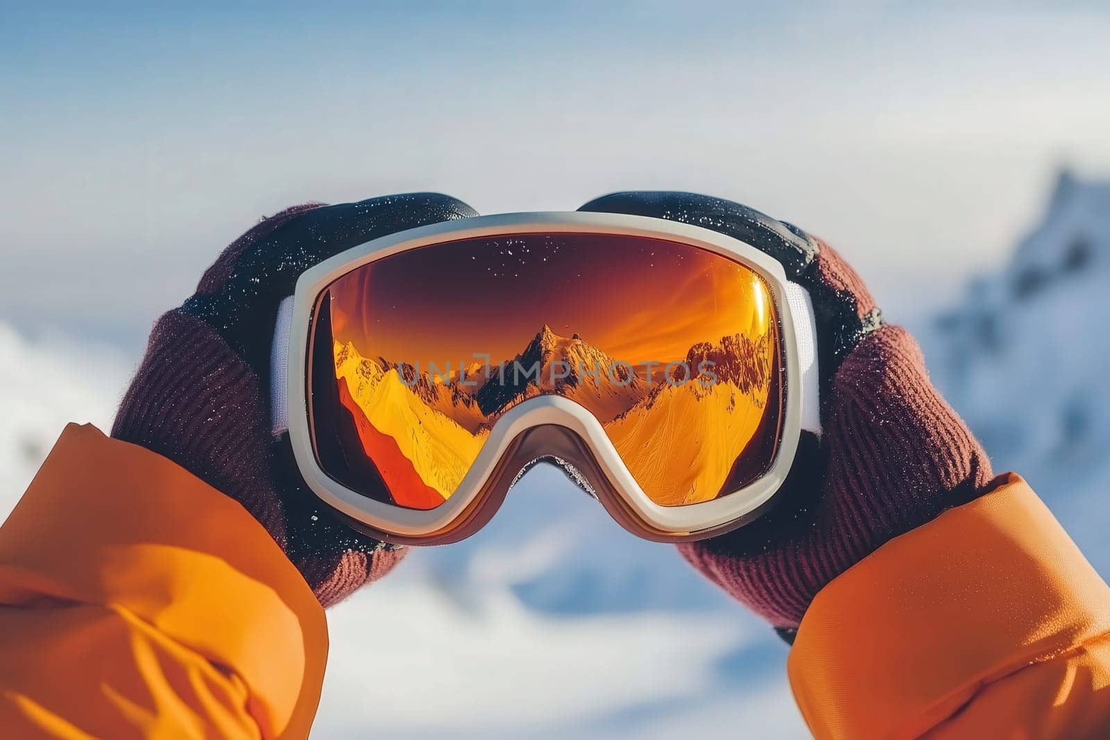 A pair of ski goggles is held with gloved hands, reflecting a breathtaking view of snow-capped mountains at sunrise. The warm light casts a golden hue over the rugged terrain.