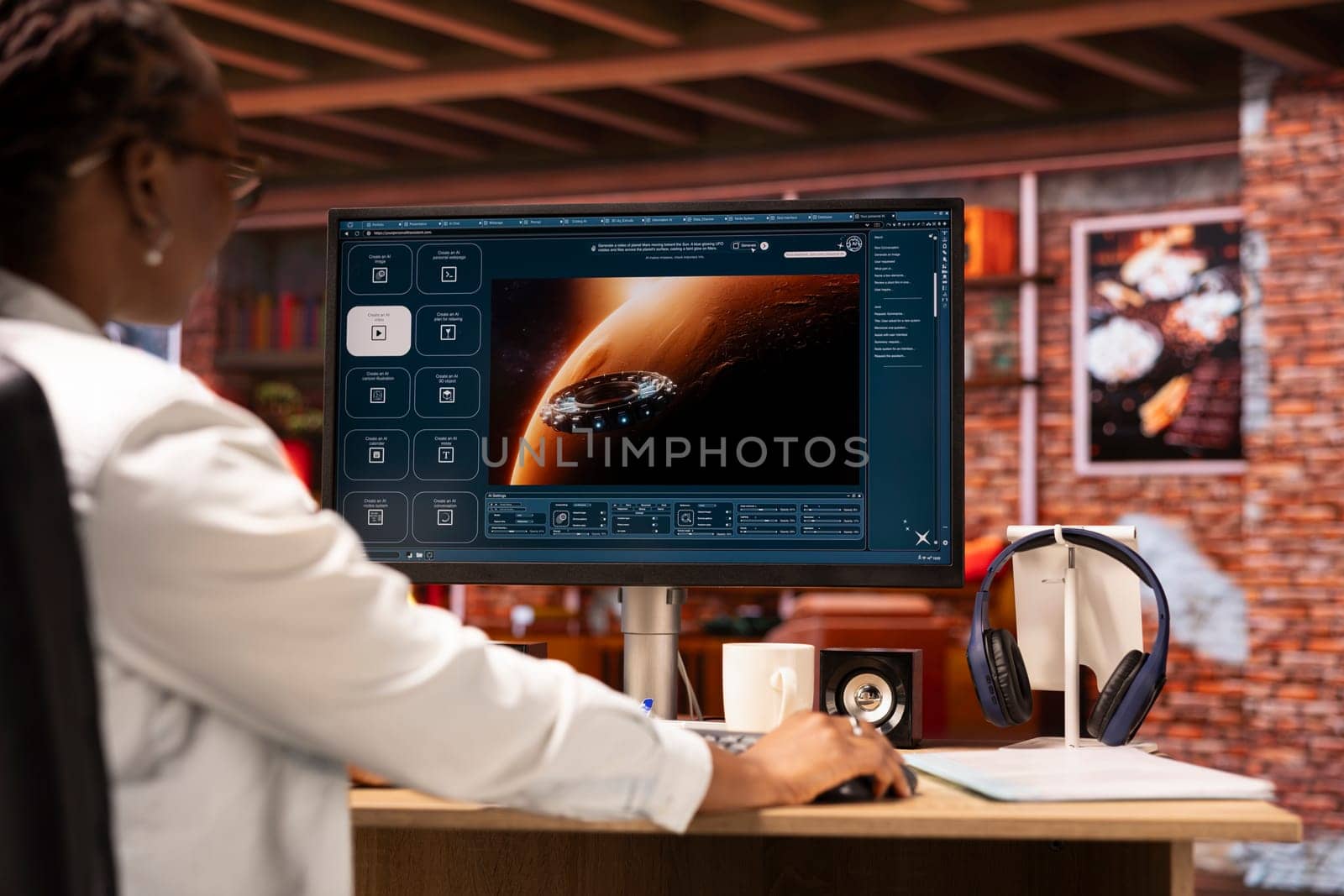 Woman in home office getting tasks done with AI program turning text prompt into videos. Close up of person using computer to make use of text to video artificial intelligence generative models