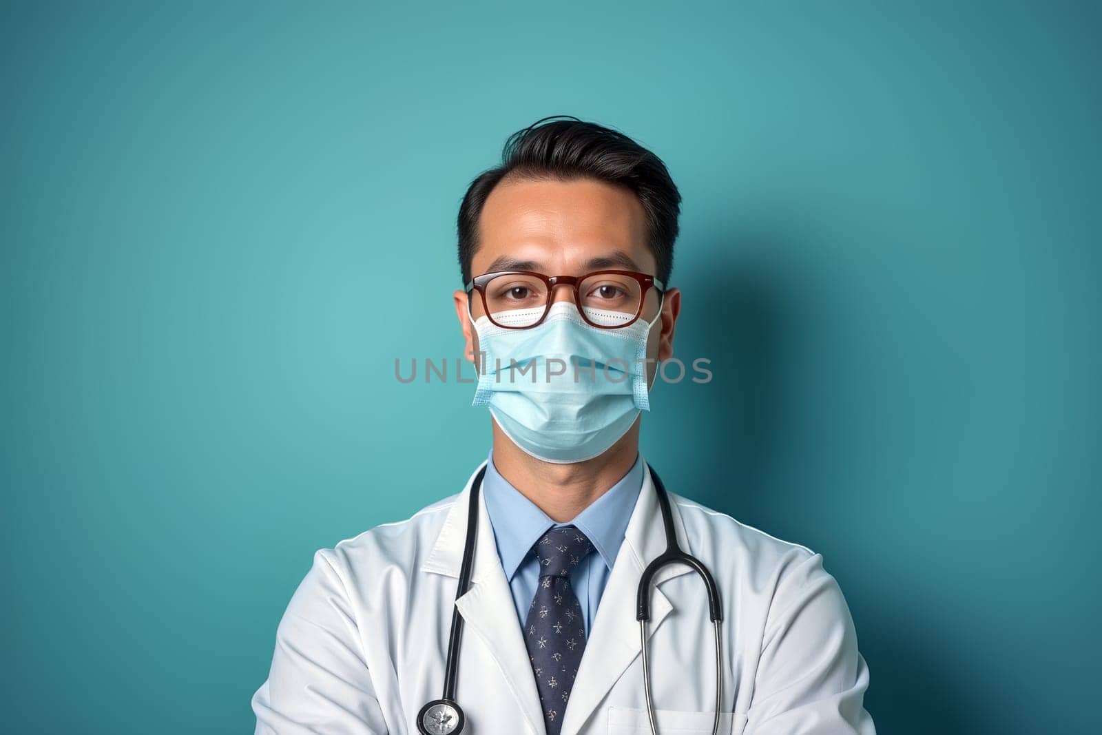 A doctor wearing a white coat and a protective mask looks directly at the camera with crossed arms. The background is a calming teal color. Generative AI.
