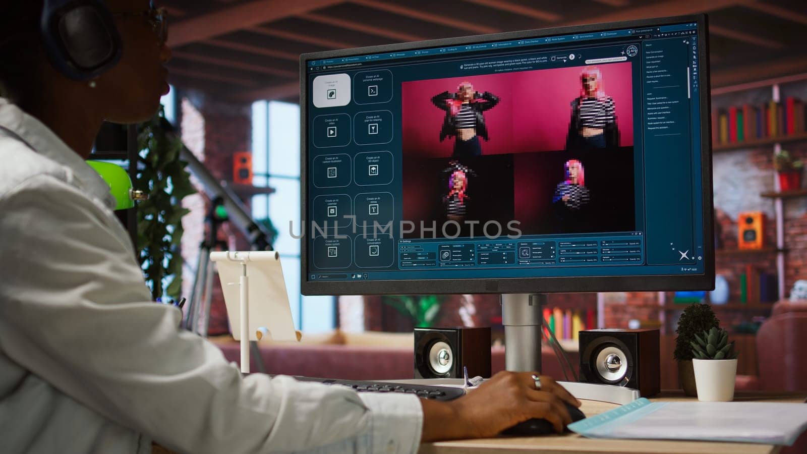 Woman in home office using AI software turning text prompt into photos. Person in apartment using text to image artificial intelligence generator transforming words into pictures, camera A