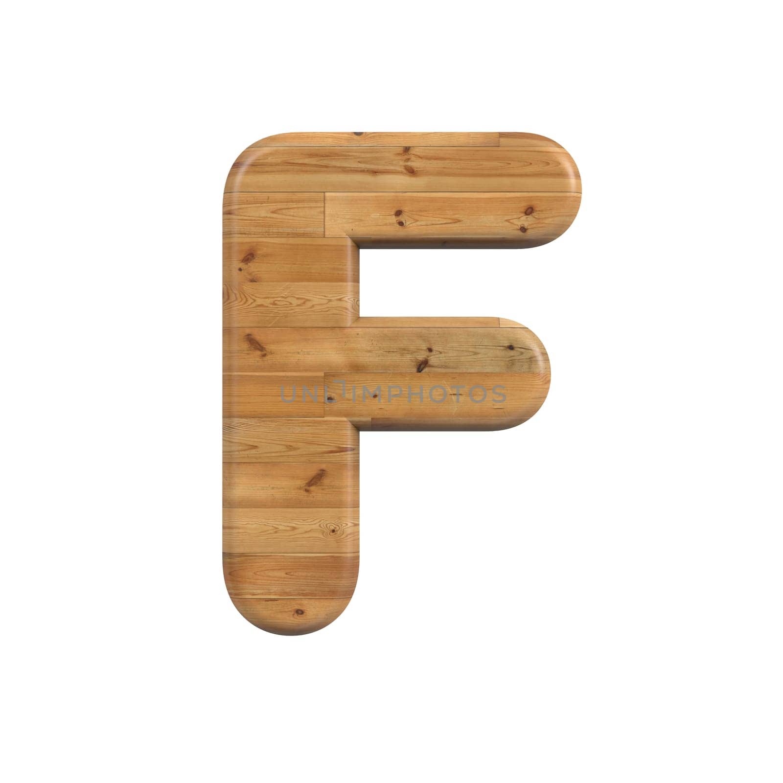 Wood letter F - Capital 3d pine font isolated on white background. This alphabet is perfect for creative illustrations related but not limited to Decoration, nature, wood...