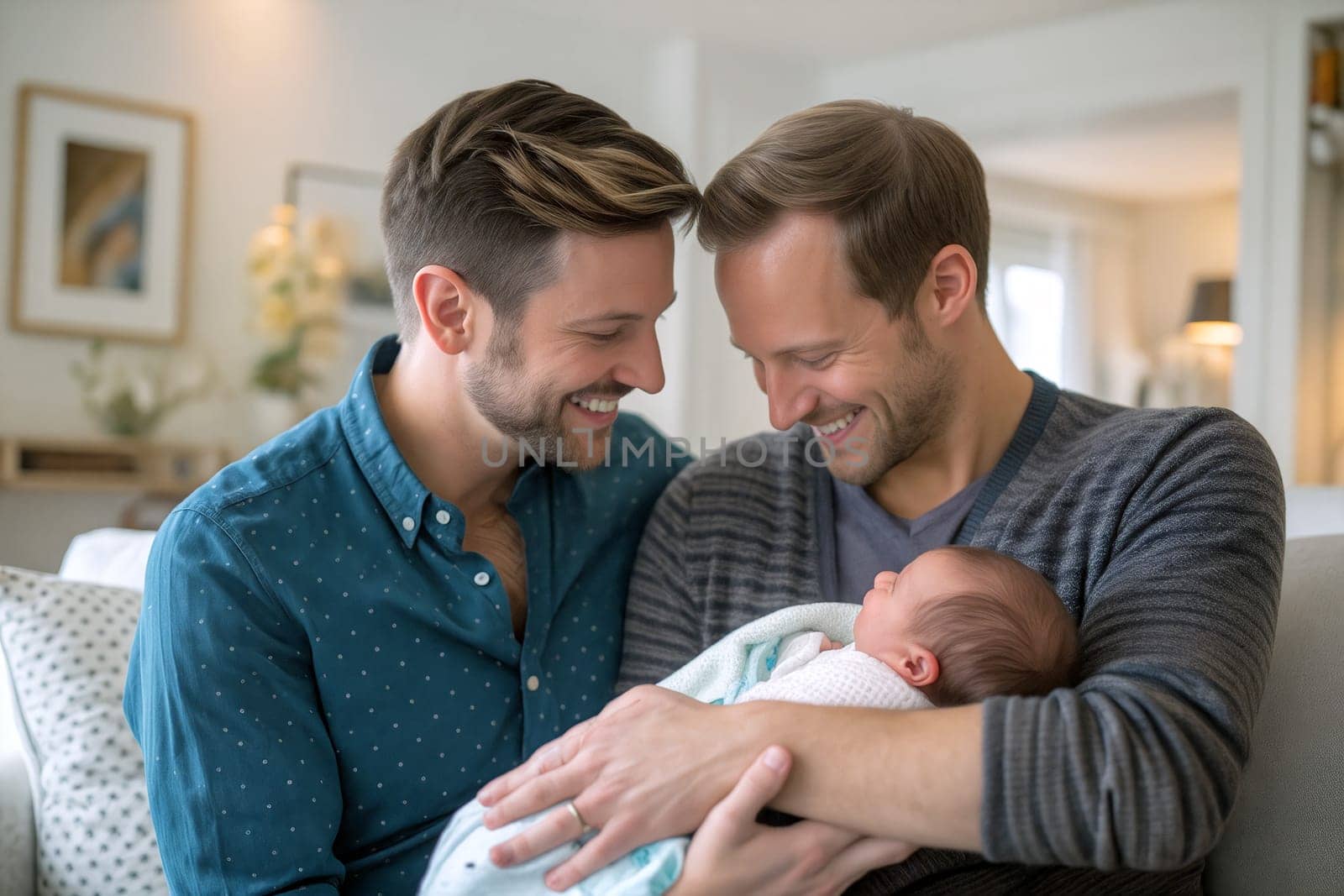Homosexual couple admire their sleeping newborn while seated on a soft couch in a bright, inviting living room filled with warmth. LGBTQ community - Generative AI.