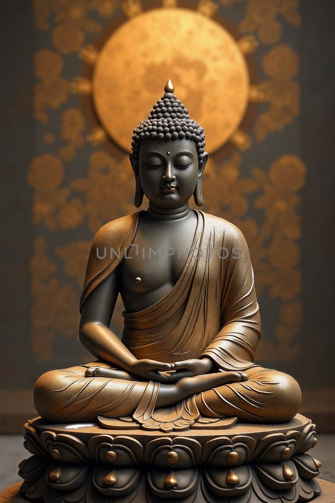 A beautifully crafted bronze statue of Buddha sits in a tranquil pose, surrounded by intricate designs and a glowing halo that enhances the peaceful atmosphere - Buddhist religion - Generative AI.
