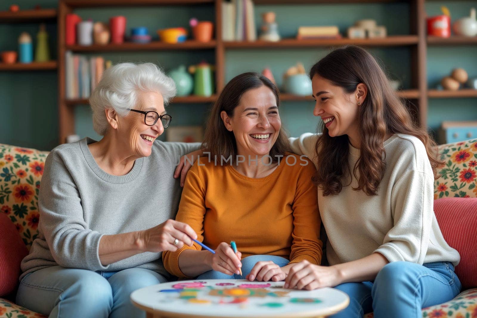 Three women share joyful moments while playing a board game, surrounded by a cozy living room filled with colorful decorations and laughter. Generative AI.