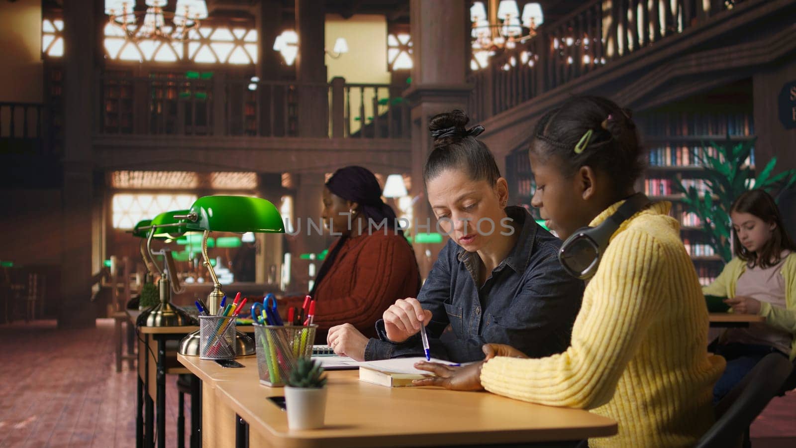 Caucasian tutor guiding elementary school girl at a library desk, providing private lessons to aid in their academic development with work books and notes. Teacher discussing with scholar. Camera A.